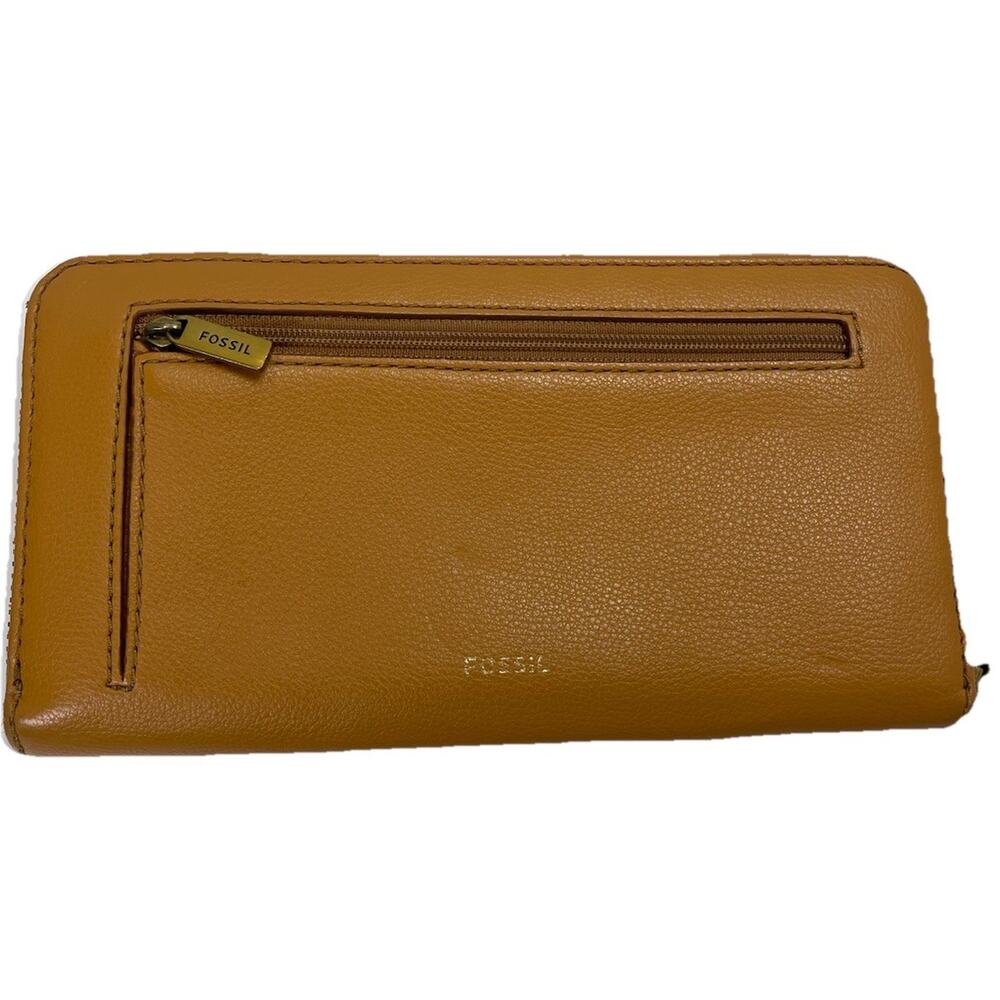 Fossil Wristlet Wallet Brown Zip Multipocket 3D Flower Faux Leather Clutch - Picture 4 of 9